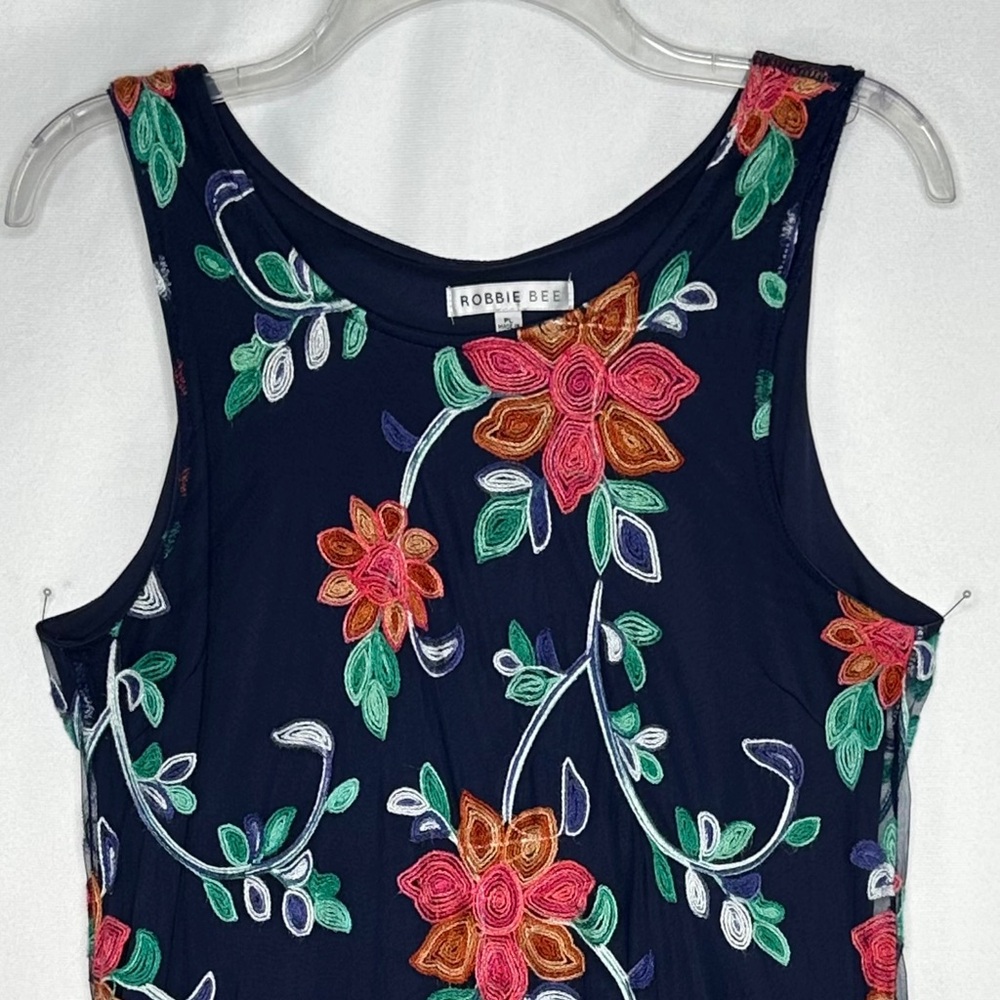 Robbie Bee Embroidered Dress Navy Floral Mesh Lined Popover Bohemian‎ Sz PL - Picture 3 of 9